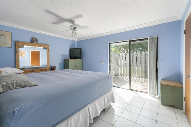 431 Jupiter Lakes Blvd Unit 2113C, Jupiter, FL 33458 - bedroom featuring crown molding, ceiling fan, access to outside, a textured ceiling, and light tile patterned floors