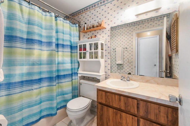431 Jupiter Lakes Blvd Unit 2113C, Jupiter, FL 33458 - full bathroom with tile patterned flooring, vanity, toilet, a shower with shower curtain, and wallpapered walls