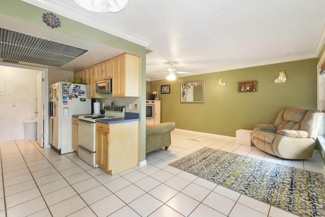 431 Jupiter Lakes Blvd Unit 2113C, Jupiter, FL 33458 - kitchen featuring light brown cabinets, ornamental molding, white appliances, and open floor plan