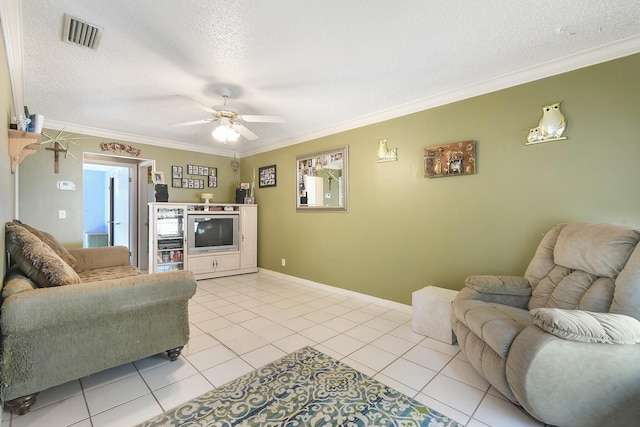 431 Jupiter Lakes Blvd Unit 2113C, Jupiter, FL 33458 - living room with crown molding, ceiling fan, a textured ceiling, and visible vents