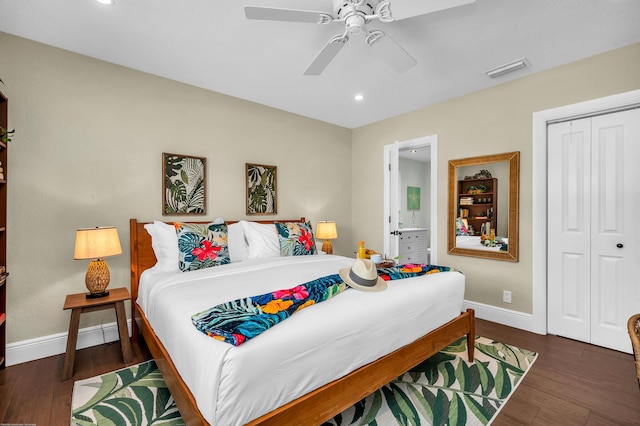 bedroom featuring recessed lighting, wood finished floors, visible vents, baseboards, and ceiling fan