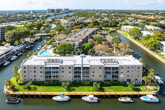 bird's eye view with a water view
