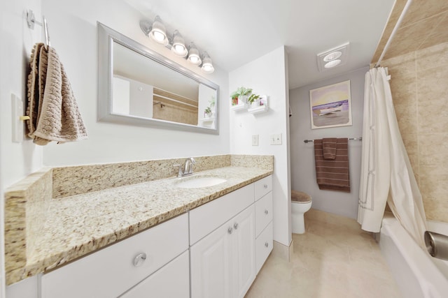 bathroom featuring shower / bath combination with curtain, toilet, tile patterned flooring, and vanity