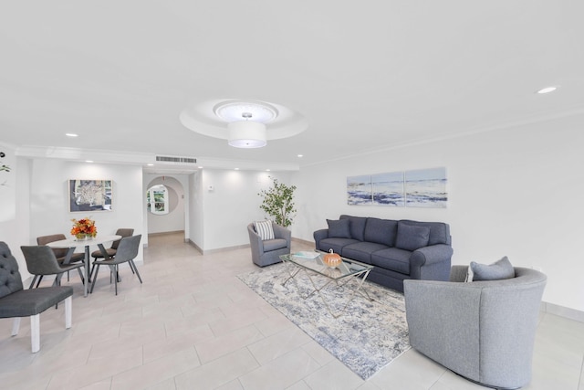 living room featuring crown molding, recessed lighting, arched walkways, and visible vents