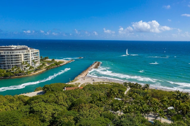 aerial view featuring a beach view and a water view