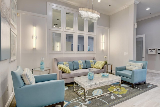living room featuring crown molding, baseboards, recessed lighting, and a chandelier