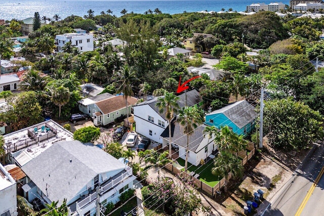 drone / aerial view featuring a water view