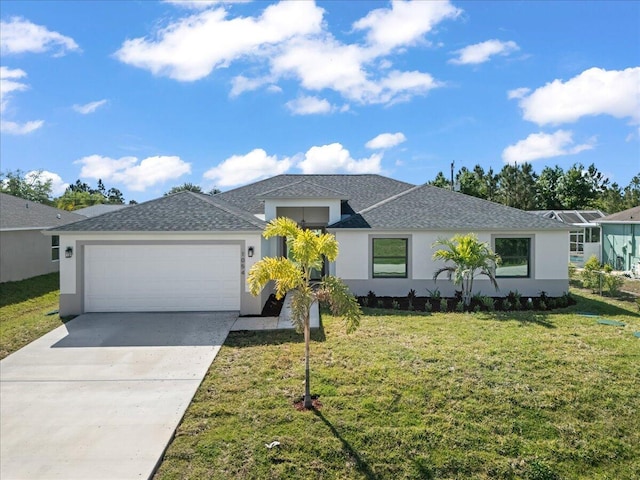 ranch-style house with a front yard, driveway, stucco siding, and an attached garage