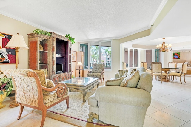 living room featuring a textured ceiling, light tile patterned floors, a notable chandelier, and ornamental molding