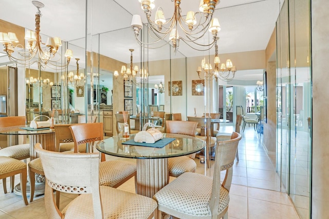 dining area featuring a chandelier and light tile patterned flooring