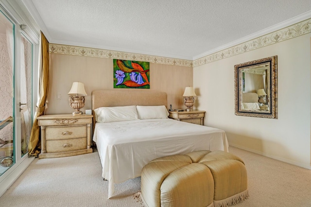 carpeted bedroom with a textured ceiling, baseboards, and ornamental molding