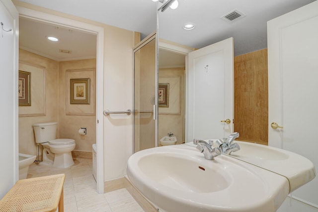 full bath with visible vents, toilet, a bidet, a shower stall, and tile patterned floors