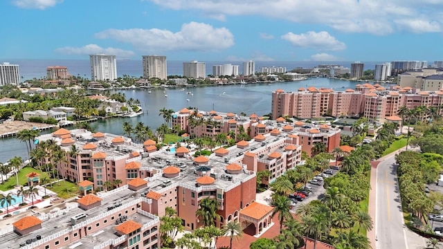 aerial view with a water view and a city view