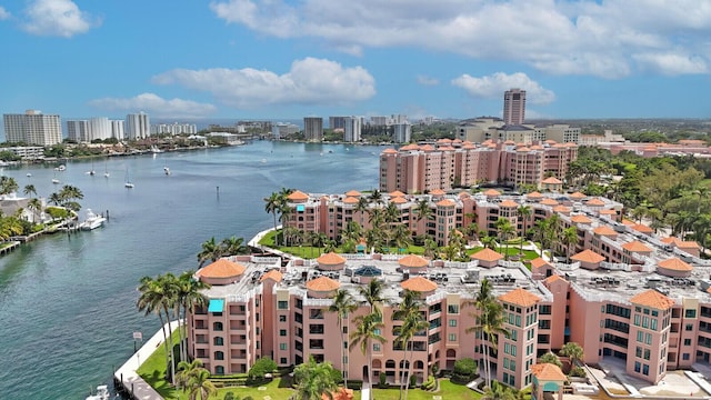 bird's eye view featuring a view of city and a water view