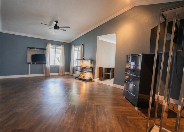 5740 Teakwood Rd, Lake Worth, FL 33467 - living room featuring crown molding, ceiling fan, vaulted ceiling, and baseboards