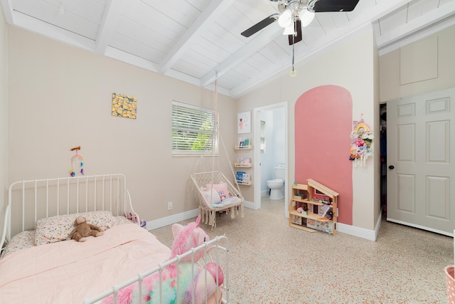 2869 SW 13th Ct, Fort Lauderdale, FL 33312 - bedroom featuring baseboards, speckle patterned floor, connected bathroom, wooden ceiling, and a ceiling fan