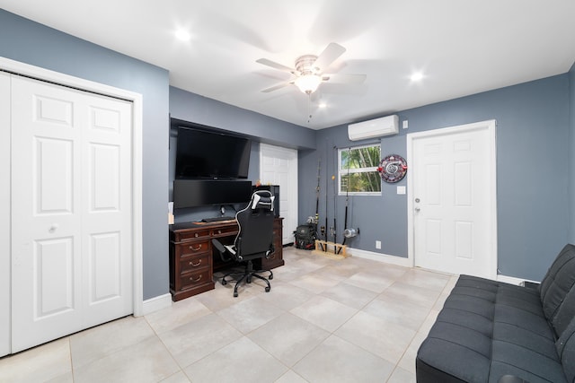 2869 SW 13th Ct, Fort Lauderdale, FL 33312 - office with a wall mounted air conditioner, ceiling fan, baseboards, light tile patterned floors, and recessed lighting