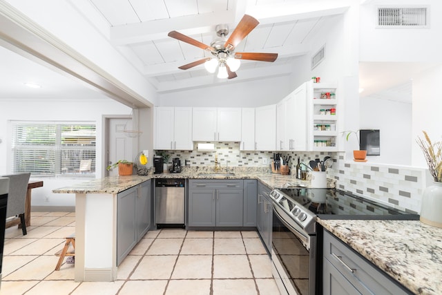 2869 SW 13th Ct, Fort Lauderdale, FL 33312 - kitchen featuring stainless steel appliances, a peninsula, gray cabinets, a sink, and open shelves