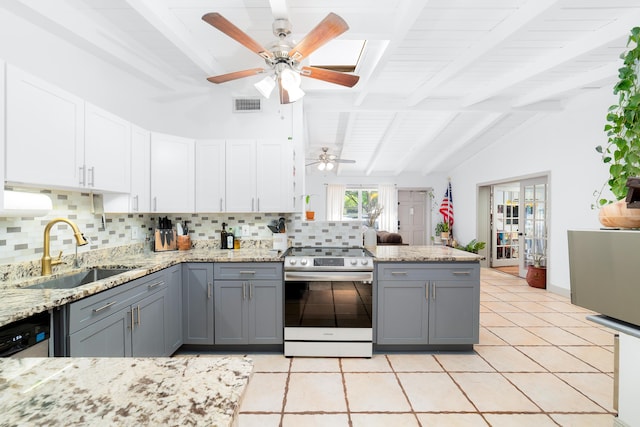 2869 SW 13th Ct, Fort Lauderdale, FL 33312 - kitchen with stainless steel electric range, a sink, gray cabinets, and beamed ceiling
