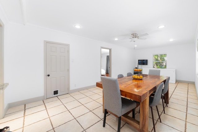 2869 SW 13th Ct, Fort Lauderdale, FL 33312 - dining room featuring recessed lighting, ceiling fan, crown molding, light tile patterned floors, and baseboards
