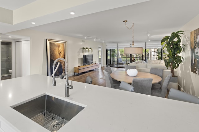 kitchen featuring open floor plan, wood finished floors, a sink, and recessed lighting