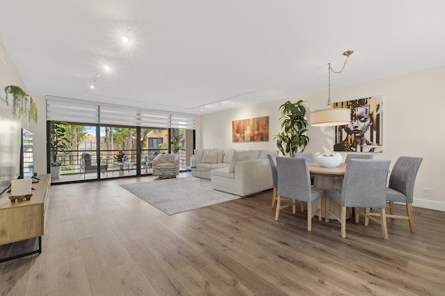 dining room with rail lighting, wood finished floors, and floor to ceiling windows