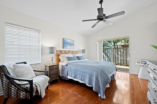 bedroom featuring ceiling fan, access to exterior, wood finished floors, and lofted ceiling