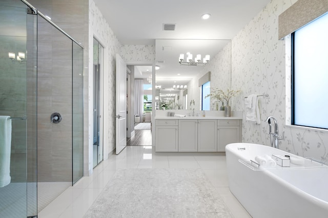 full bath featuring a shower stall, visible vents, and wallpapered walls