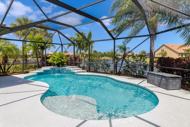 swimming pool featuring a patio, fence, and glass enclosure
