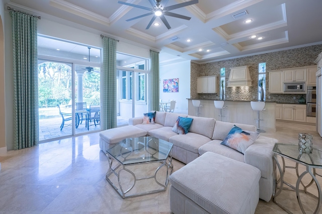 living room with ceiling fan, ornamental molding, visible vents, coffered ceiling, and beam ceiling