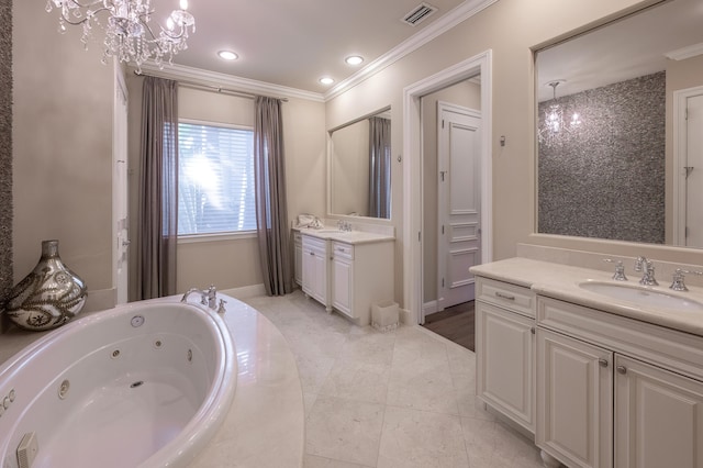 bathroom with visible vents, a notable chandelier, a sink, crown molding, and two vanities