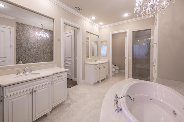 bathroom featuring crown molding, visible vents, toilet, a sink, and a notable chandelier