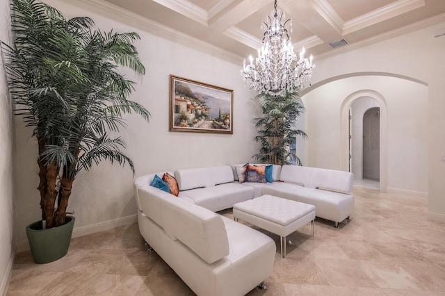 living room with a chandelier, visible vents, beam ceiling, coffered ceiling, and arched walkways