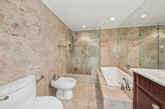 full bathroom featuring a garden tub, vanity, toilet, tile walls, and a tile shower