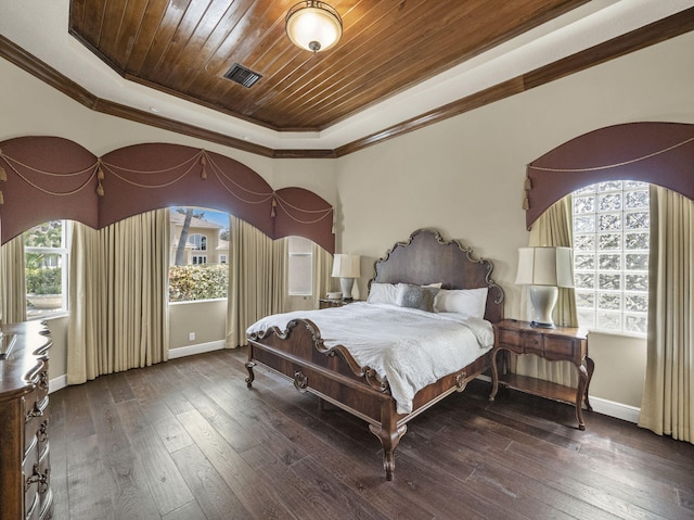 17384 Vistancia Cir, Boca Raton, FL 33496 - bedroom featuring a tray ceiling, wood ceiling, hardwood / wood-style floors, and visible vents