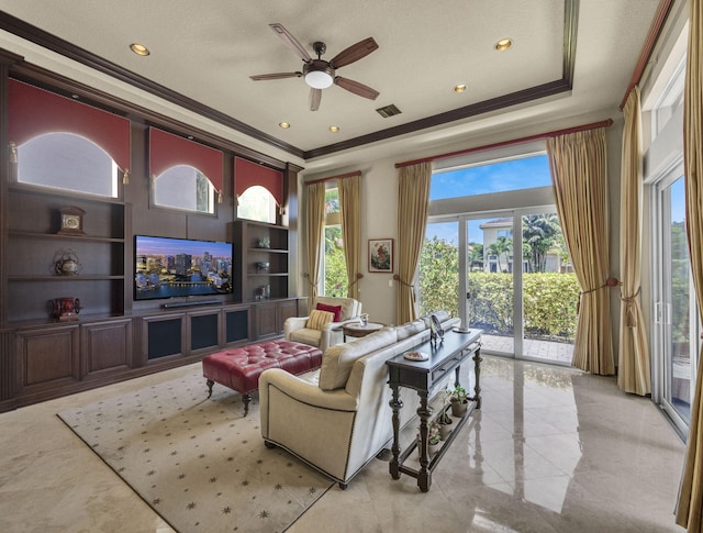 17384 Vistancia Cir, Boca Raton, FL 33496 - living area with visible vents, a raised ceiling, ornamental molding, a ceiling fan, and recessed lighting