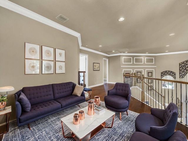 17384 Vistancia Cir, Boca Raton, FL 33496 - living room featuring visible vents, baseboards, ornamental molding, recessed lighting, and wood finished floors