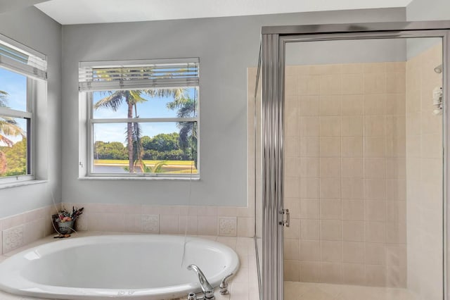 bathroom with a garden tub and a stall shower