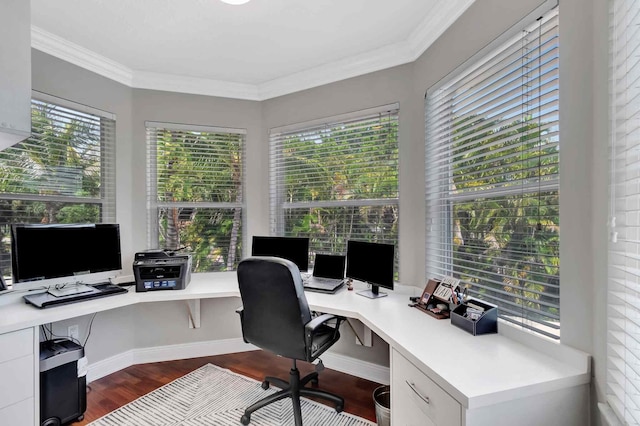 home office with dark wood finished floors, ornamental molding, and built in desk