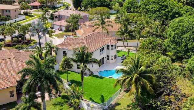 aerial perspective of suburban area with a pool area