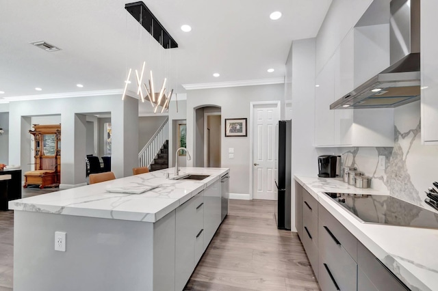 kitchen with modern cabinets, a sink, stainless steel appliances, wall chimney exhaust hood, and arched walkways