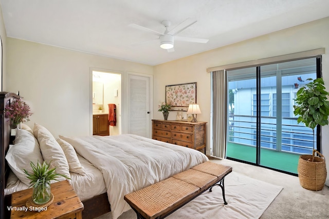 475 Piedmont J, Delray Beach, FL 33484 - carpeted bedroom featuring access to exterior, a ceiling fan, and ensuite bath