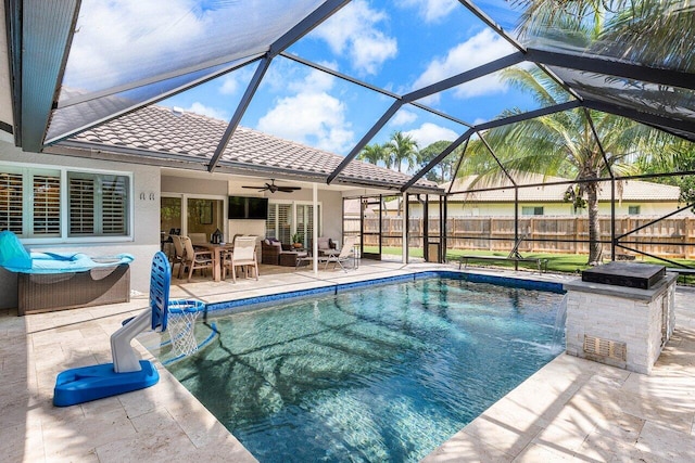 21786 Banyanwood Rd, Boca Raton, FL 33433 - view of swimming pool featuring a patio, a ceiling fan, a fenced in pool, and fence