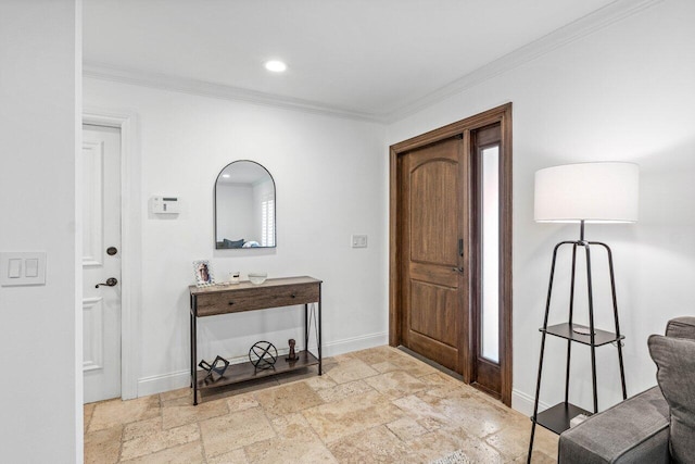 21786 Banyanwood Rd, Boca Raton, FL 33433 - foyer with stone tile floors, crown molding, recessed lighting, and baseboards