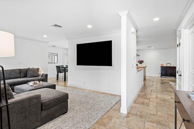 21786 Banyanwood Rd, Boca Raton, FL 33433 - living area featuring crown molding, stone tile flooring, visible vents, baseboards, and recessed lighting