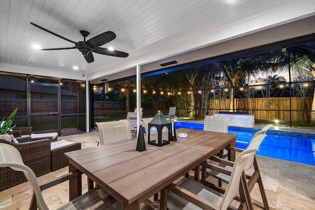 21786 Banyanwood Rd, Boca Raton, FL 33433 - exterior space featuring a fenced in pool, a fenced backyard, ceiling fan, and a jacuzzi