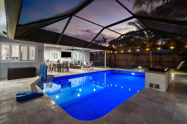 21786 Banyanwood Rd, Boca Raton, FL 33433 - view of swimming pool featuring fence, a fenced in pool, a patio, outdoor dining area, and a ceiling fan