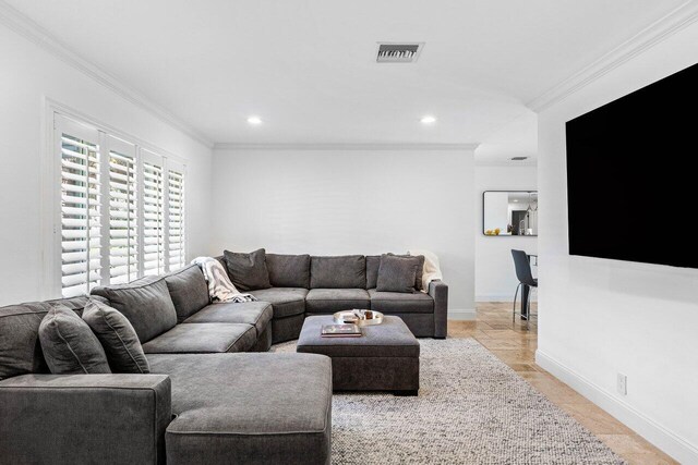 21786 Banyanwood Rd, Boca Raton, FL 33433 - living room with visible vents, crown molding, and recessed lighting