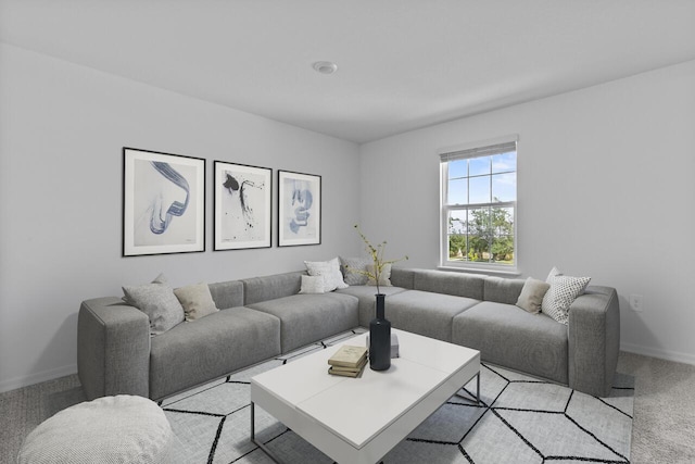 living area with baseboards and light carpet