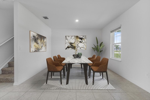 dining space featuring recessed lighting, stairs, light tile patterned floors, and visible vents